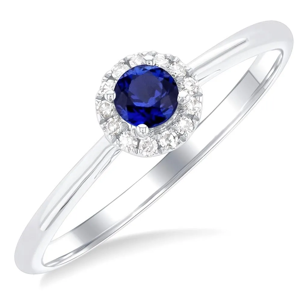 10K White Gold Round Sapphire And Diamond Halo Ring
