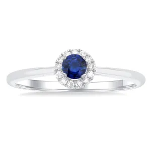 10K White Gold Round Sapphire And Diamond Halo Ring
