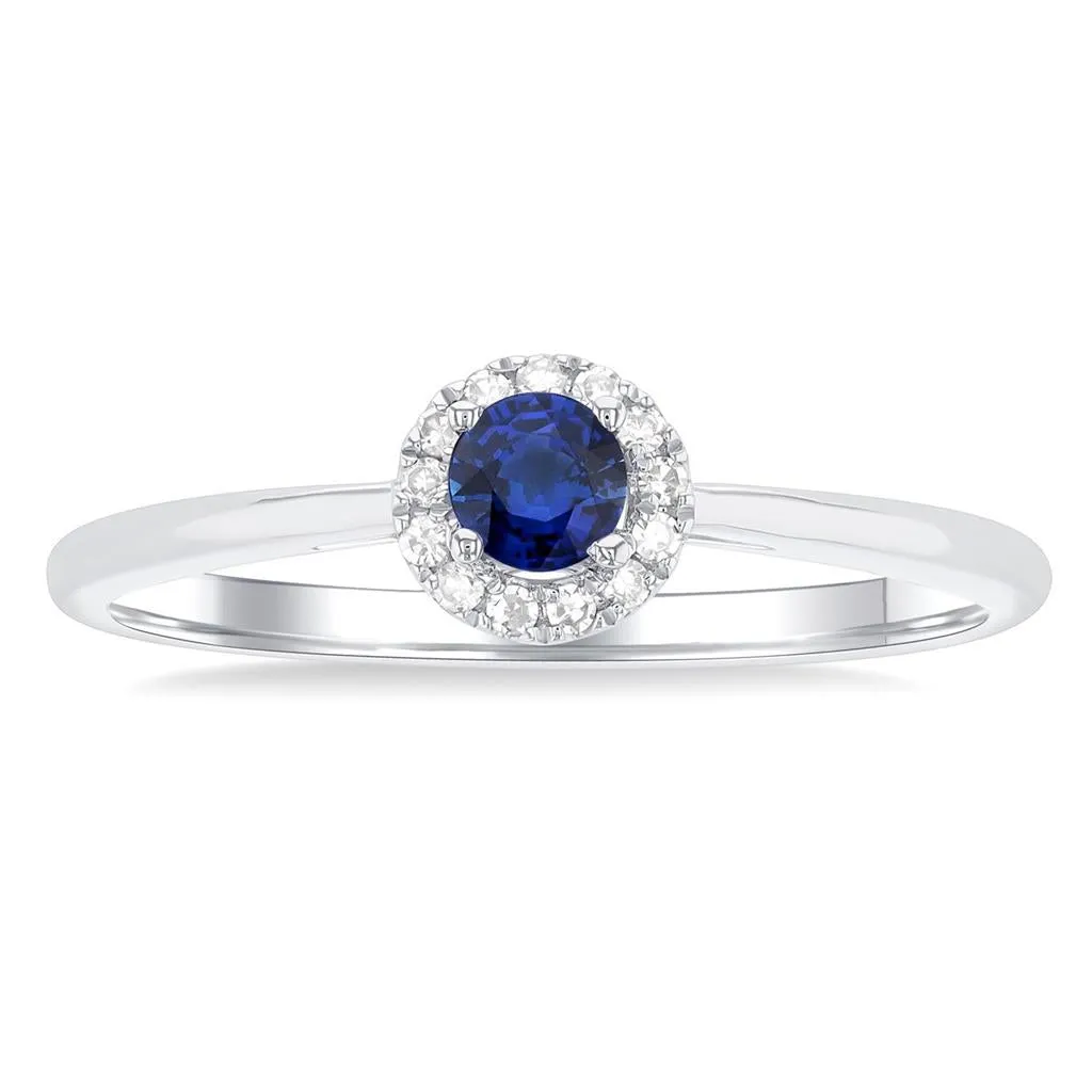 10K White Gold Round Sapphire And Diamond Halo Ring