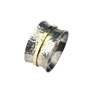 14k Flat Yellow  Gold Spinner Ring & Wide Sterling Silver Hammered Concave Band