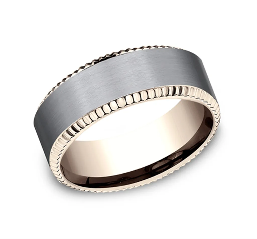 14k Rose Gold Coin Edge And Grey Tantalum Satin Finish Center 8mm Wedding Band