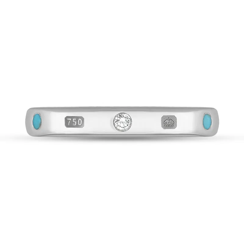 18ct White Gold 0.06ct Diamond Turquoise King's Coronation Hallmark 3mm Ring D