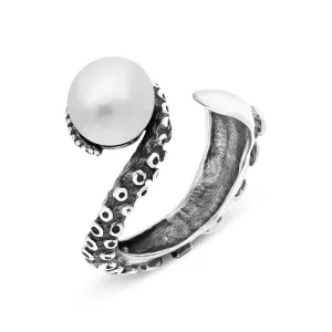 18ct White Gold Freshwater Pearl Bead Swirl Tentacle Ring