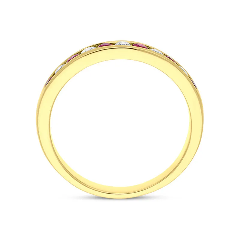 18ct Yellow Gold Ruby Diamond Eleven Stone Channel Set Ring