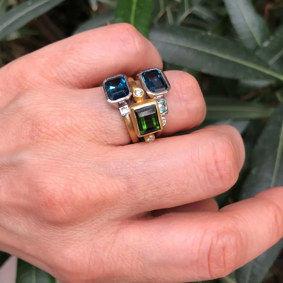 22K Yellow Gold "Love" Stacking Ring With London Blue Topaz, Mint Tourmalines And Diamonds Set In 18K White Gold Bezel