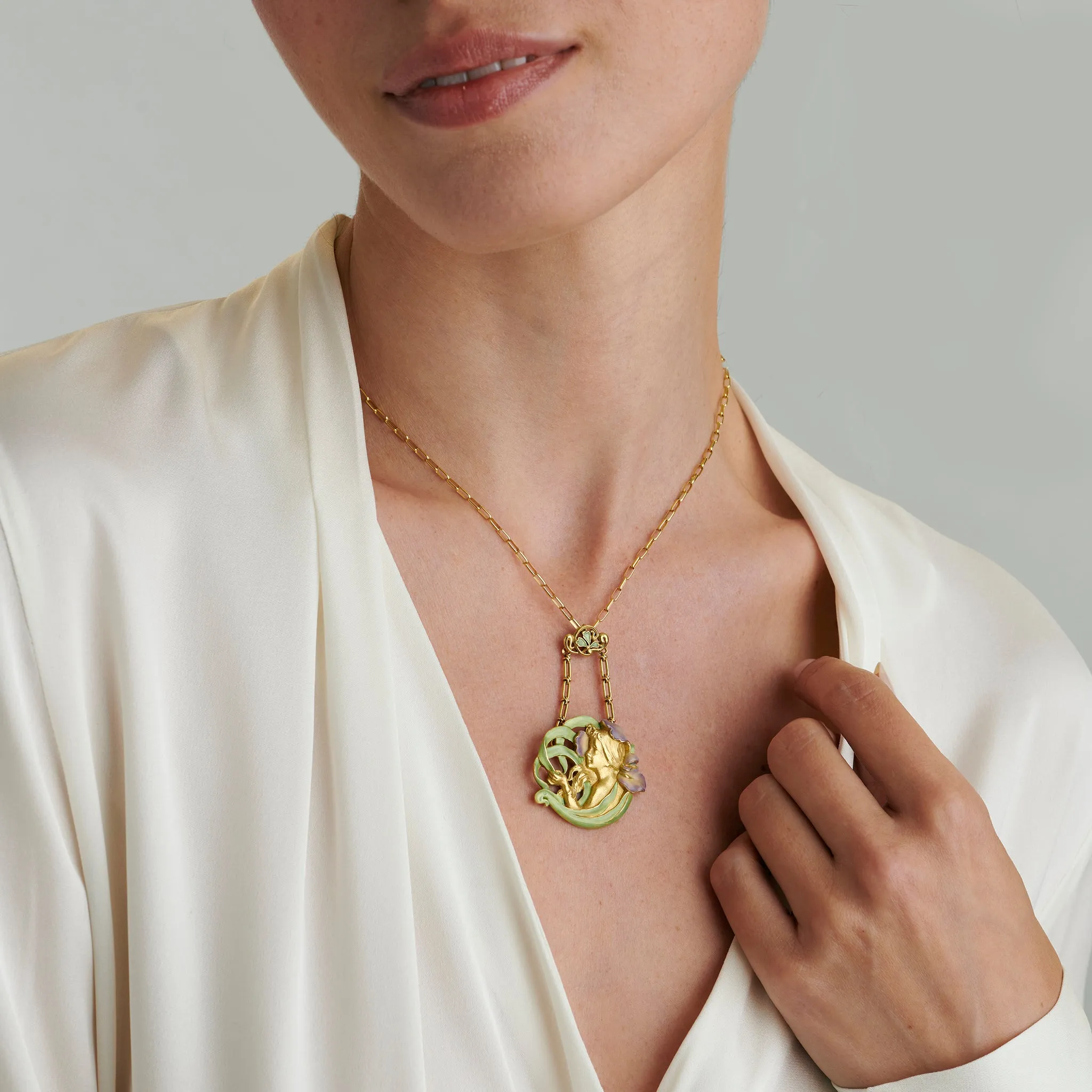 Andr Rambour "Femme-Fleur" Enamel Gold Pendant Necklace