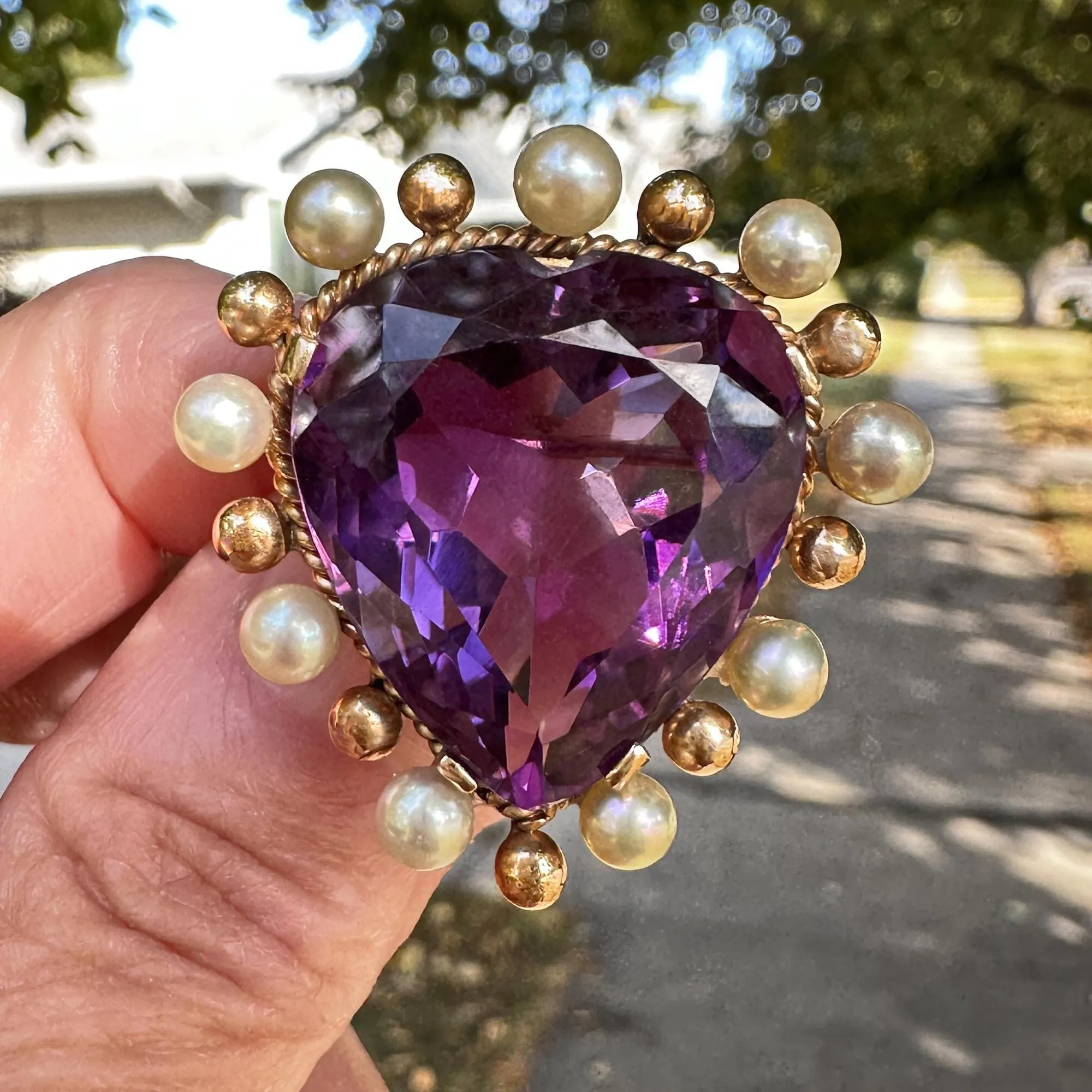 Antique 14K Gold Pearl Amethyst Heart Brooch Pendant