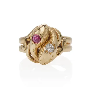 Antique 18K Gold, Ruby and Diamond Double Snake Ring