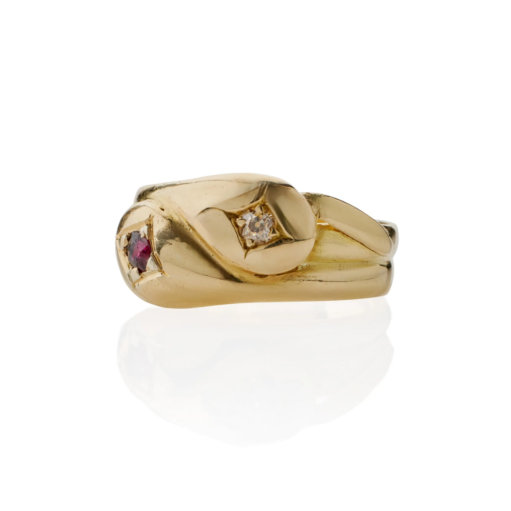 Antique English 18K Gold, Diamond and Ruby Double Snake Ring
