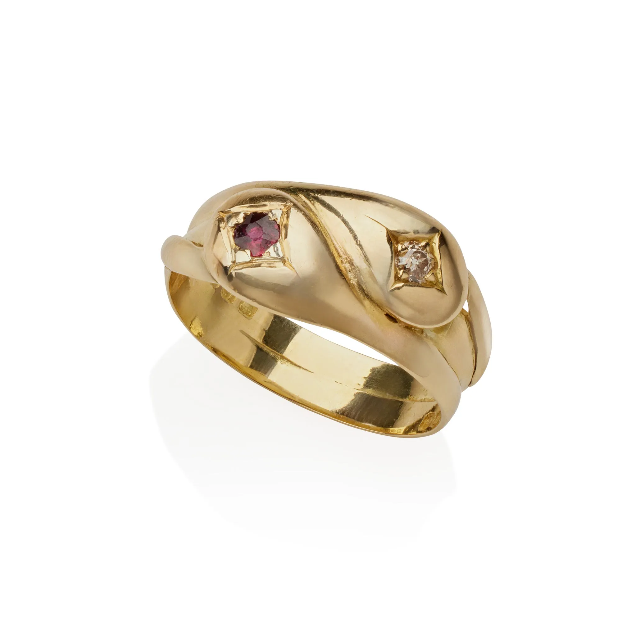 Antique English 18K Gold, Diamond and Ruby Double Snake Ring