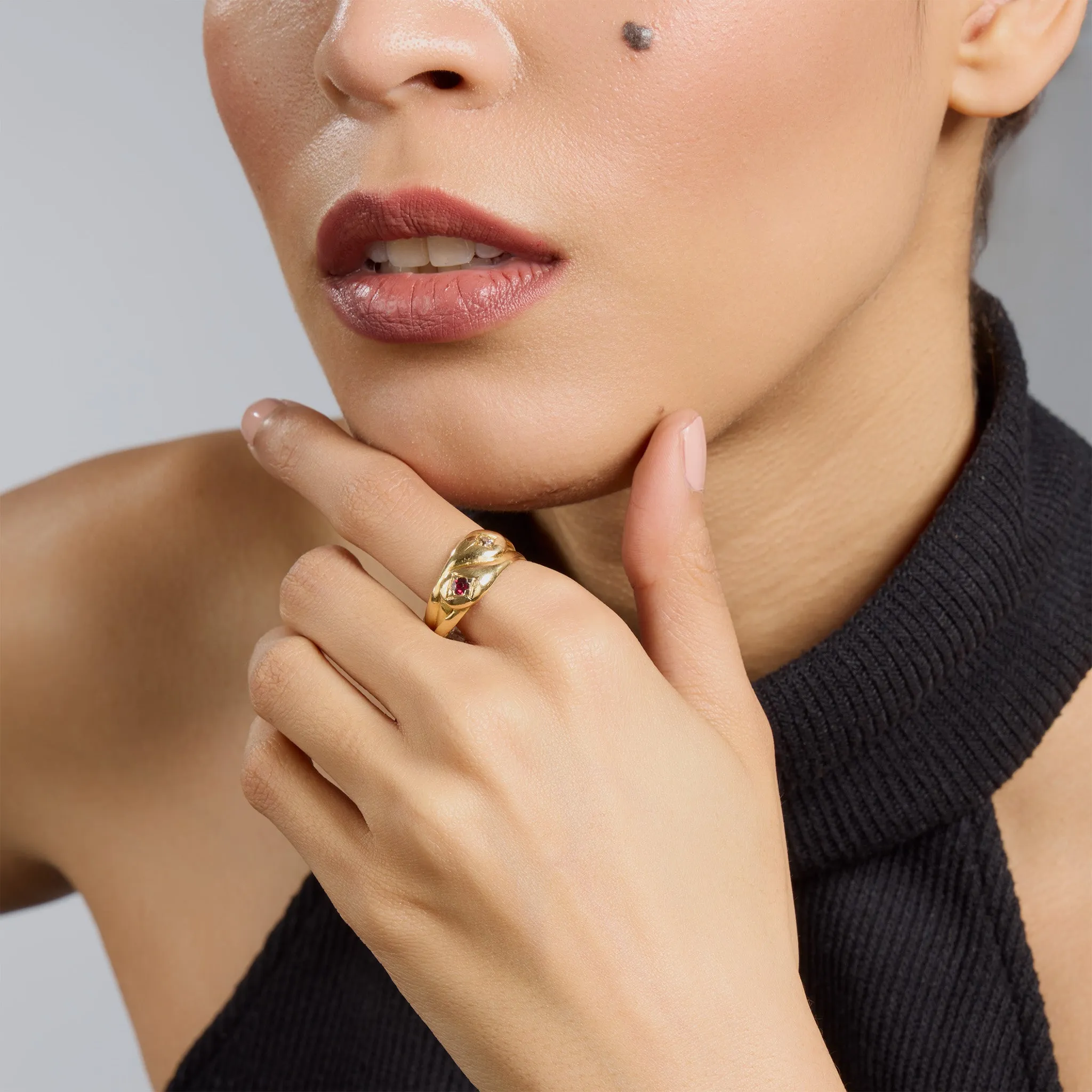 Antique English 18K Gold, Diamond and Ruby Double Snake Ring
