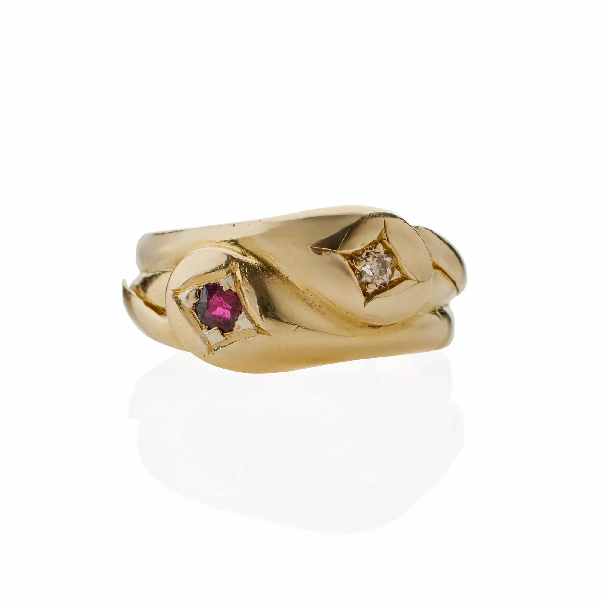Antique English 18K Gold, Diamond and Ruby Double Snake Ring