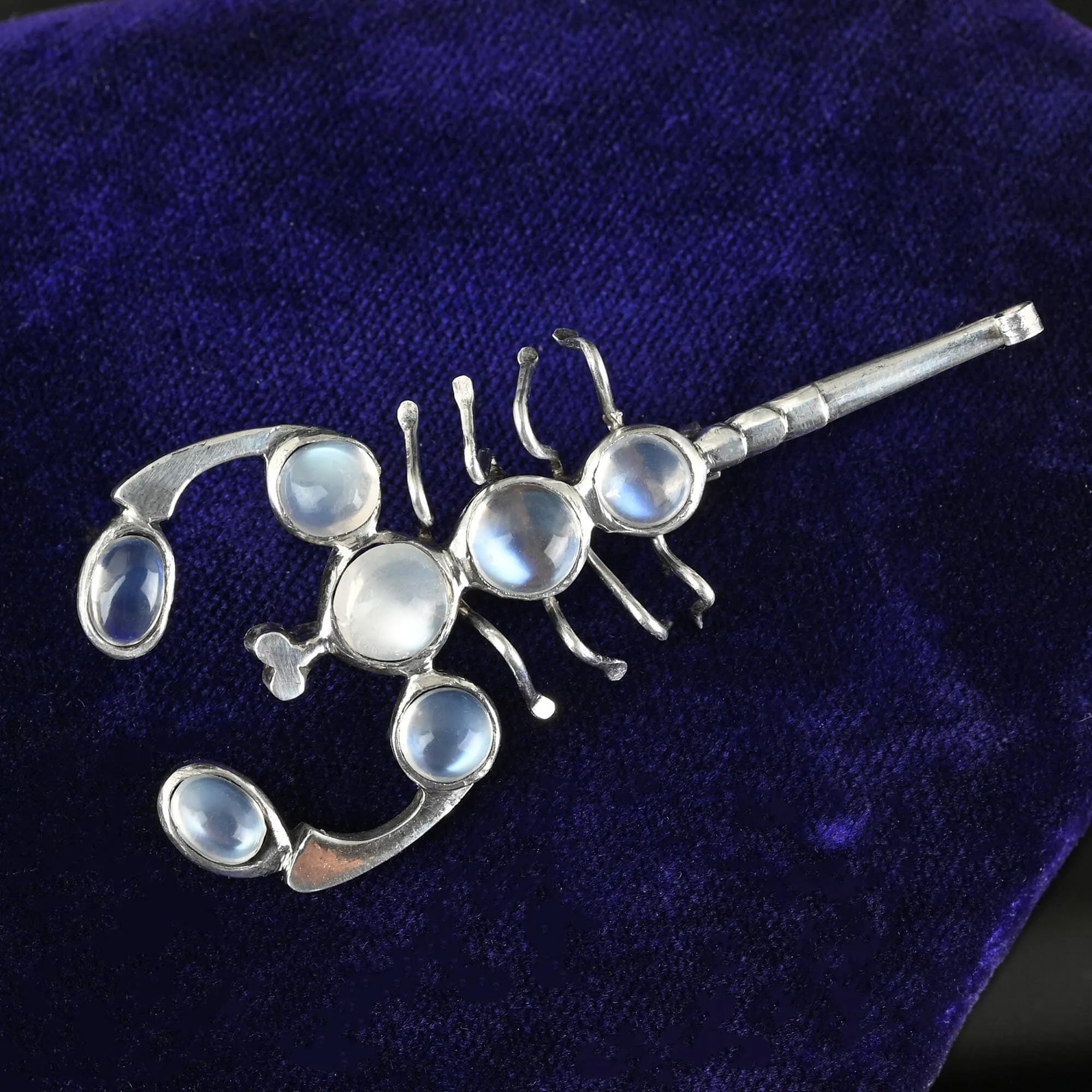 Antique Silver Cabochon Moonstone Scorpion Brooch