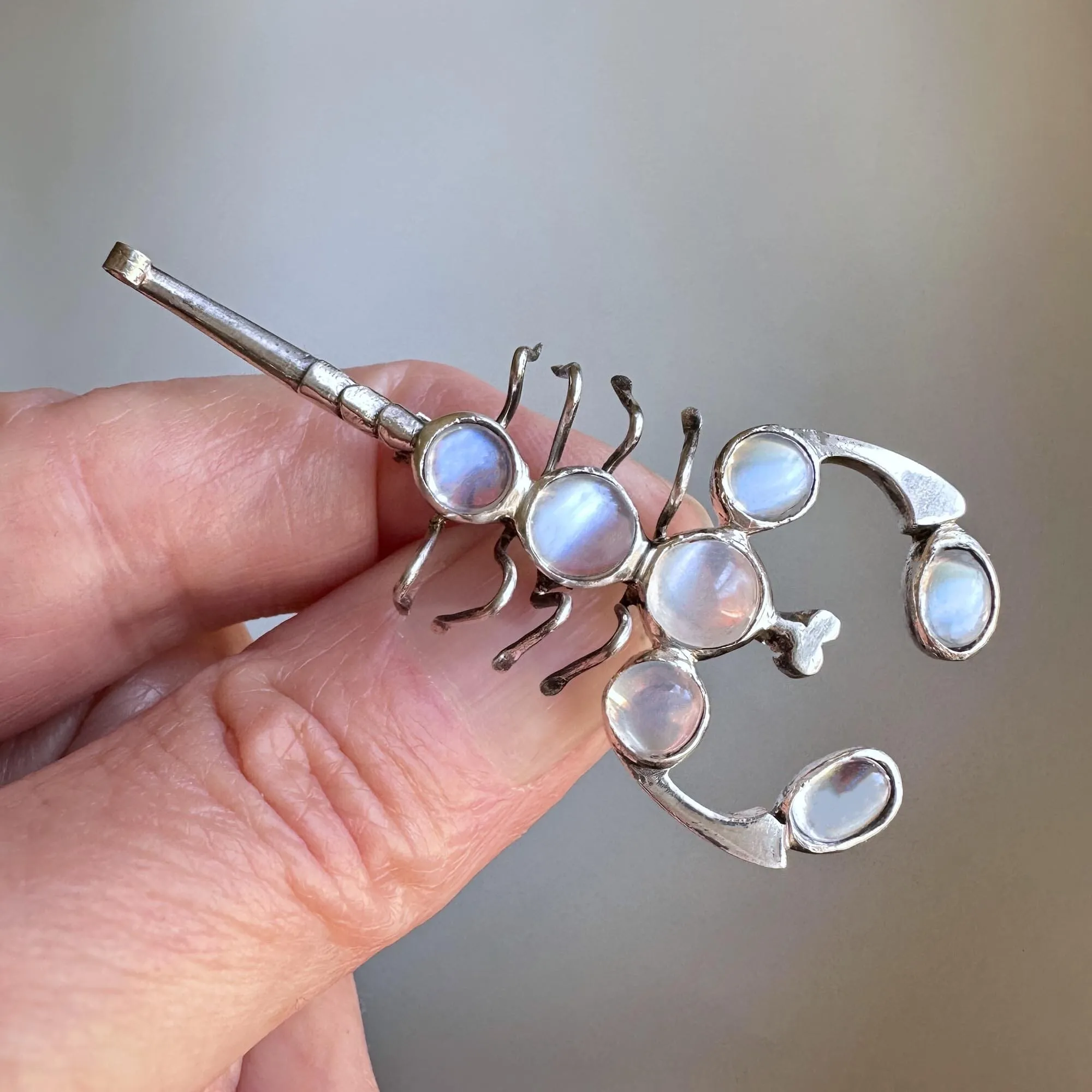 Antique Silver Cabochon Moonstone Scorpion Brooch