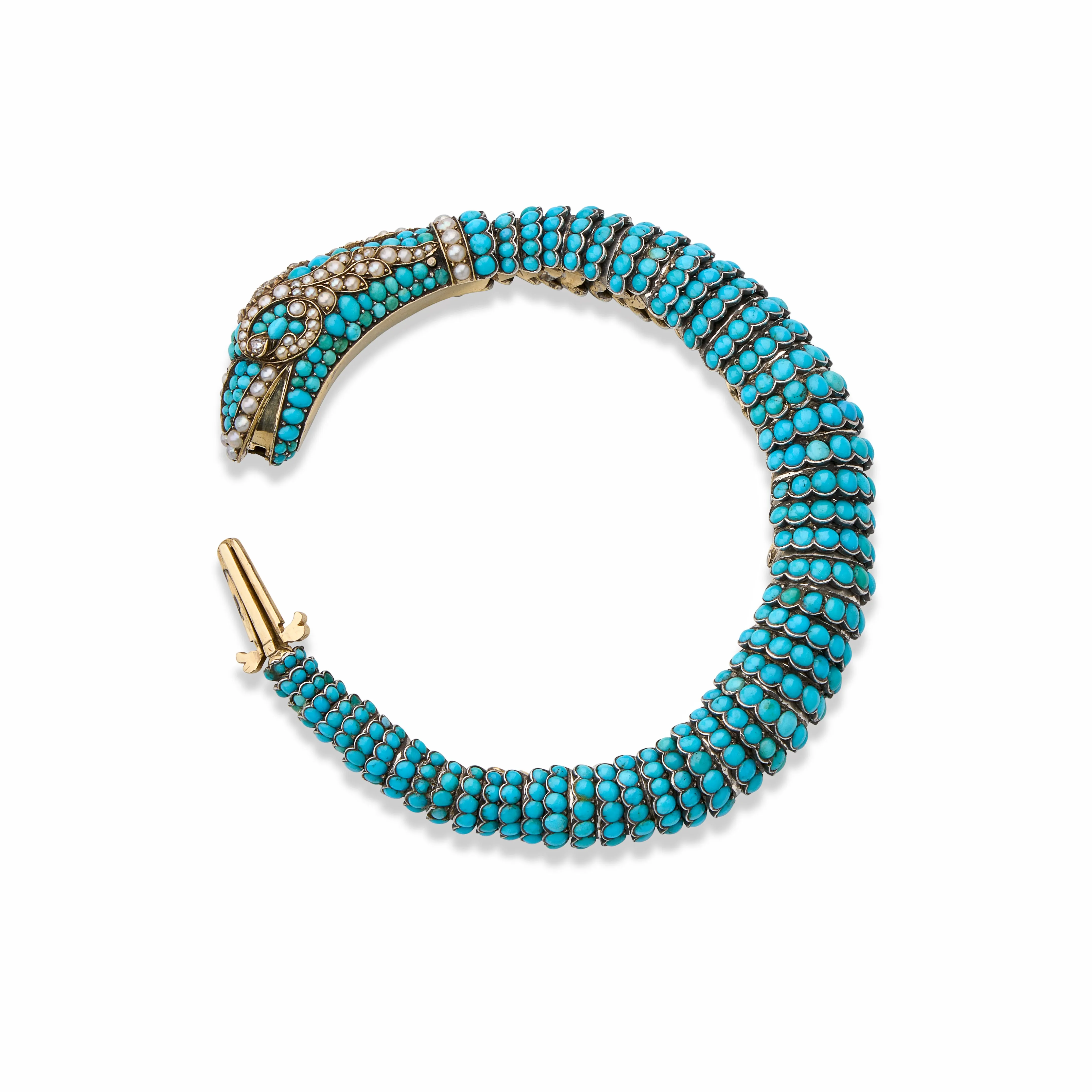 Antique Turquoise, Diamond and Pearl Snake Bracelet