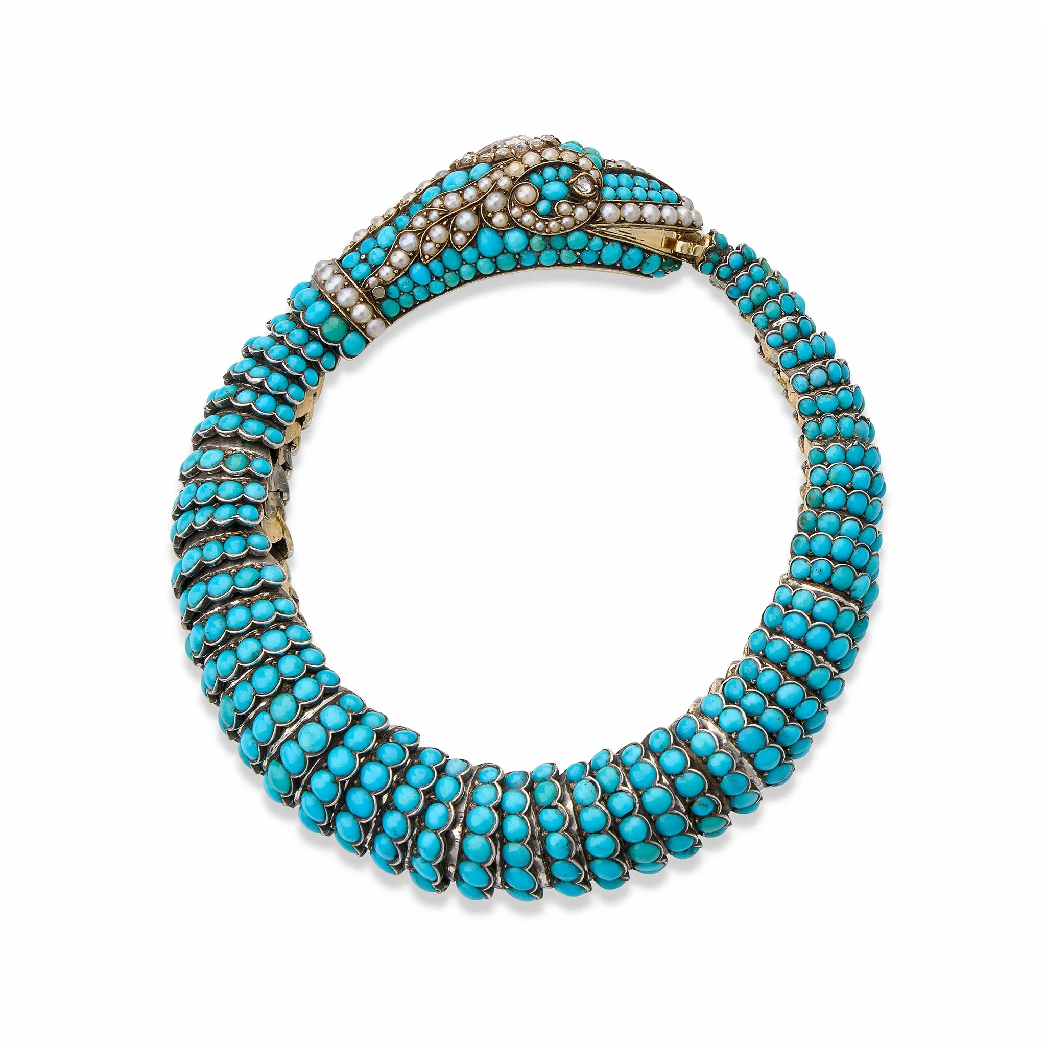 Antique Turquoise, Diamond and Pearl Snake Bracelet