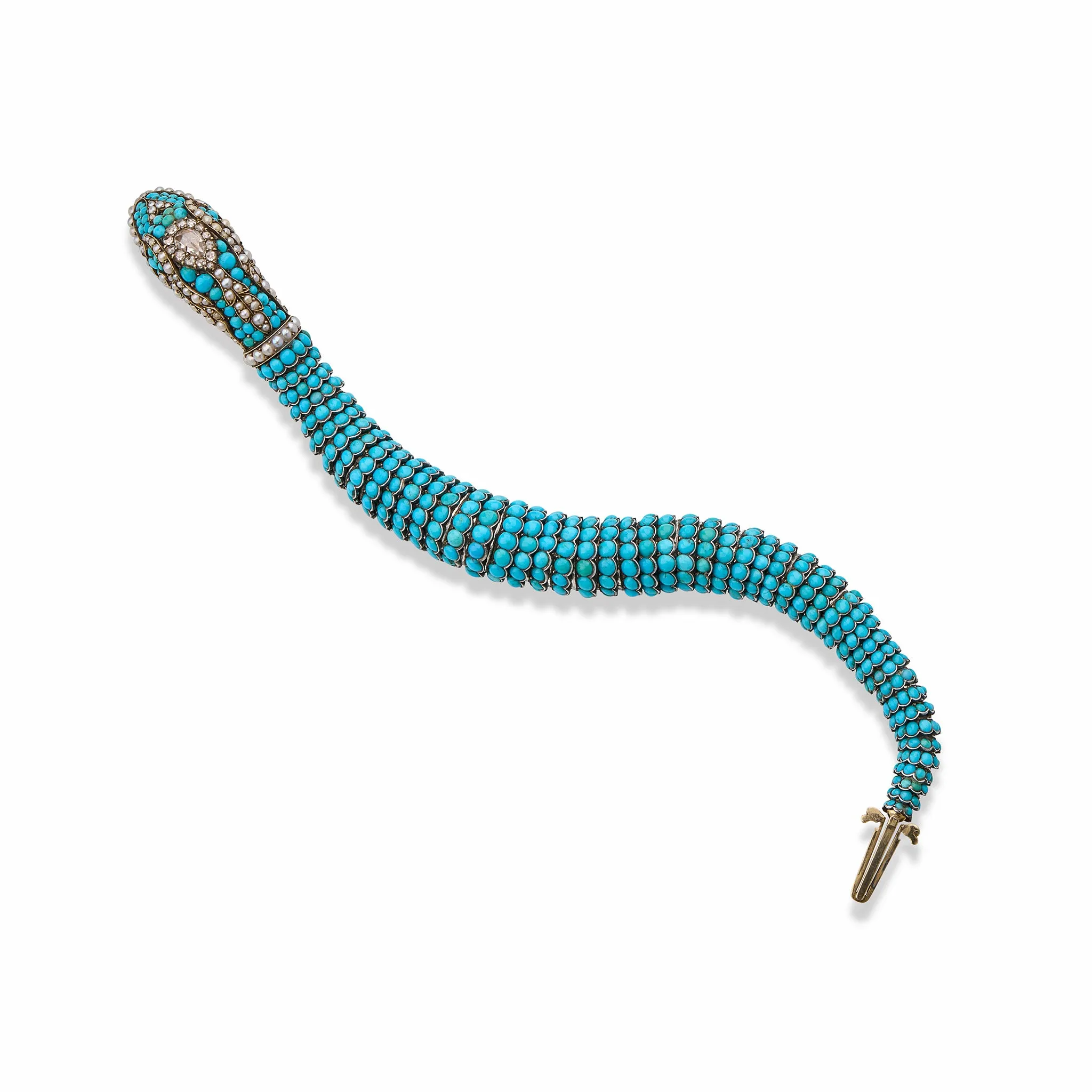 Antique Turquoise, Diamond and Pearl Snake Bracelet