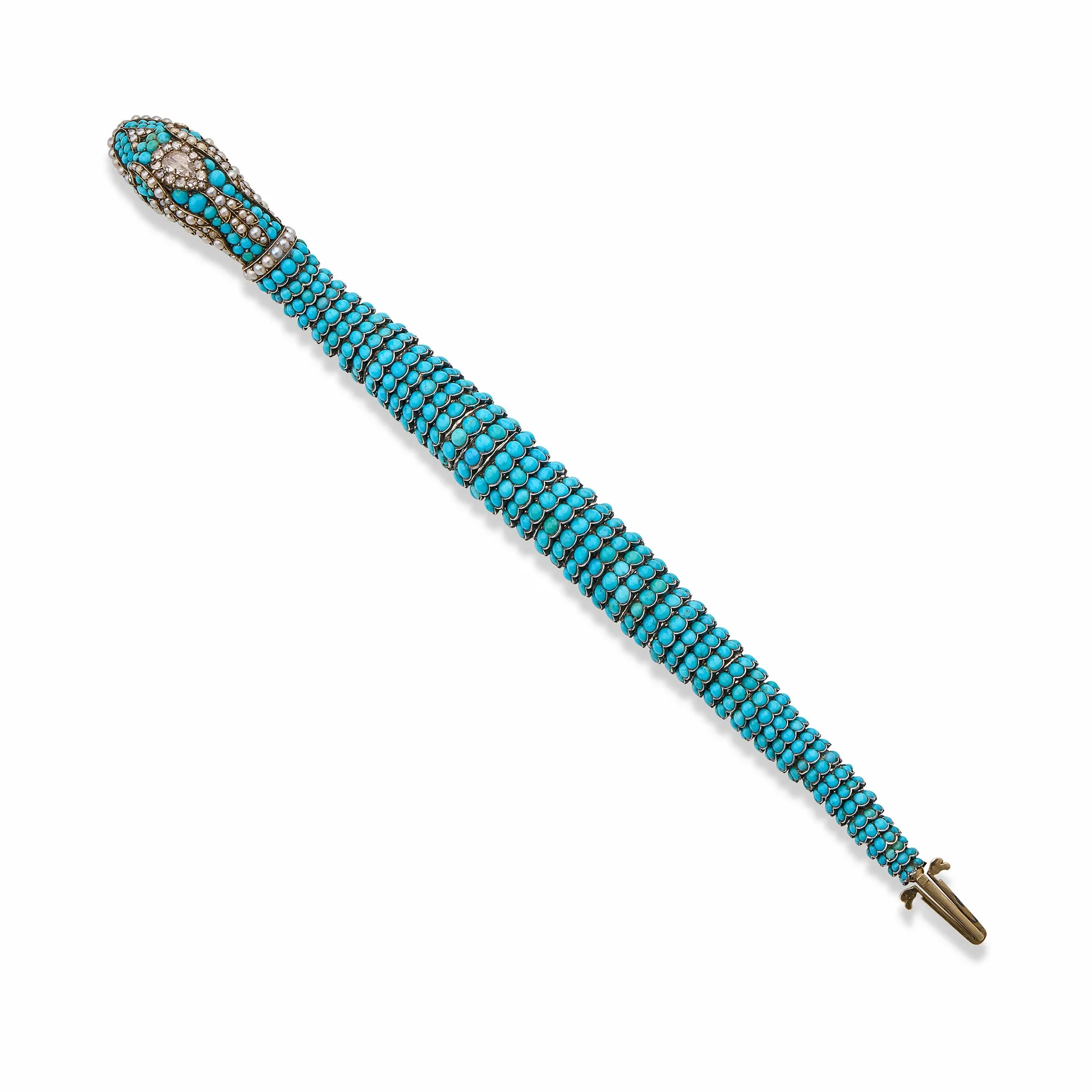 Antique Turquoise, Diamond and Pearl Snake Bracelet