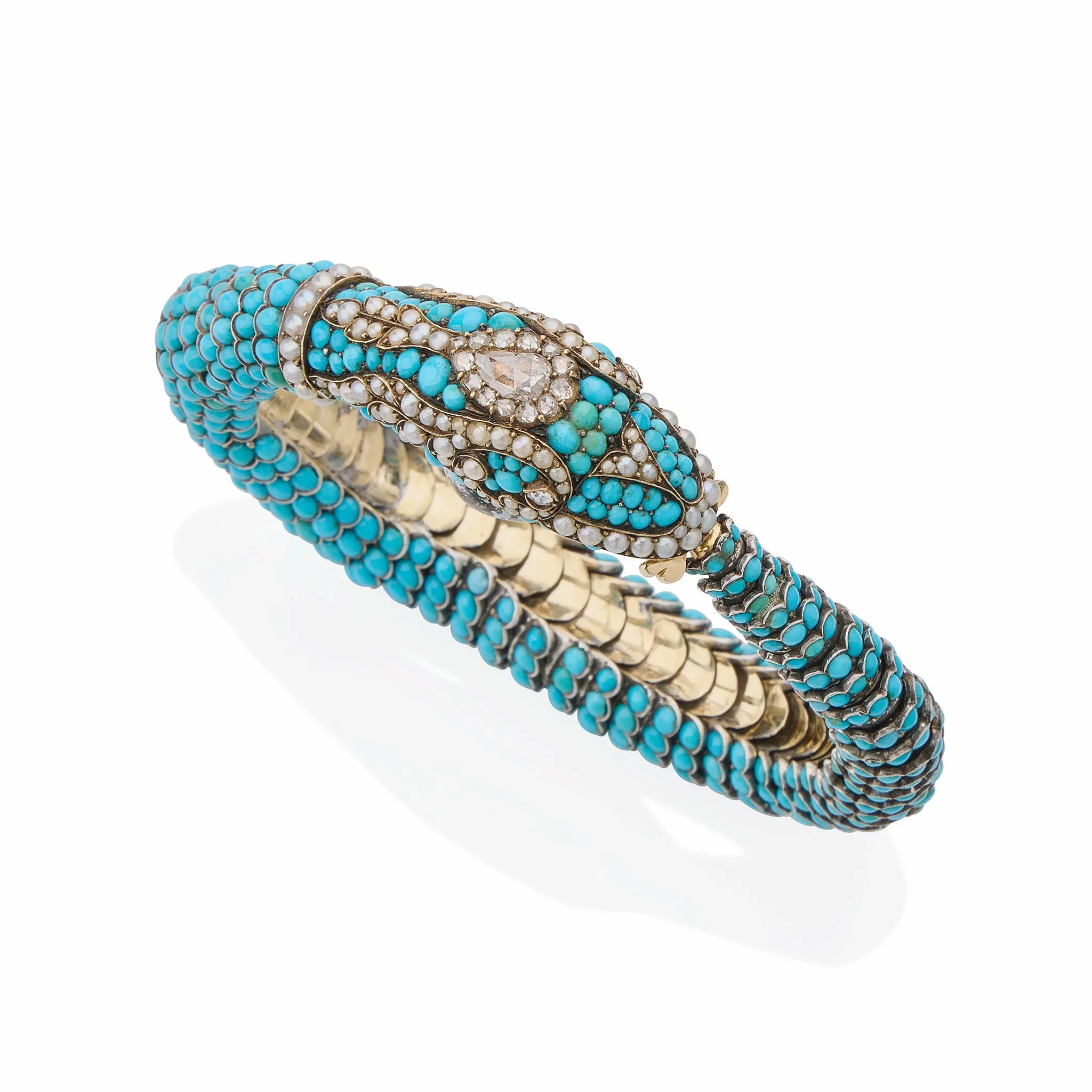 Antique Turquoise, Diamond and Pearl Snake Bracelet
