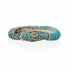 Antique Turquoise, Diamond and Pearl Snake Bracelet