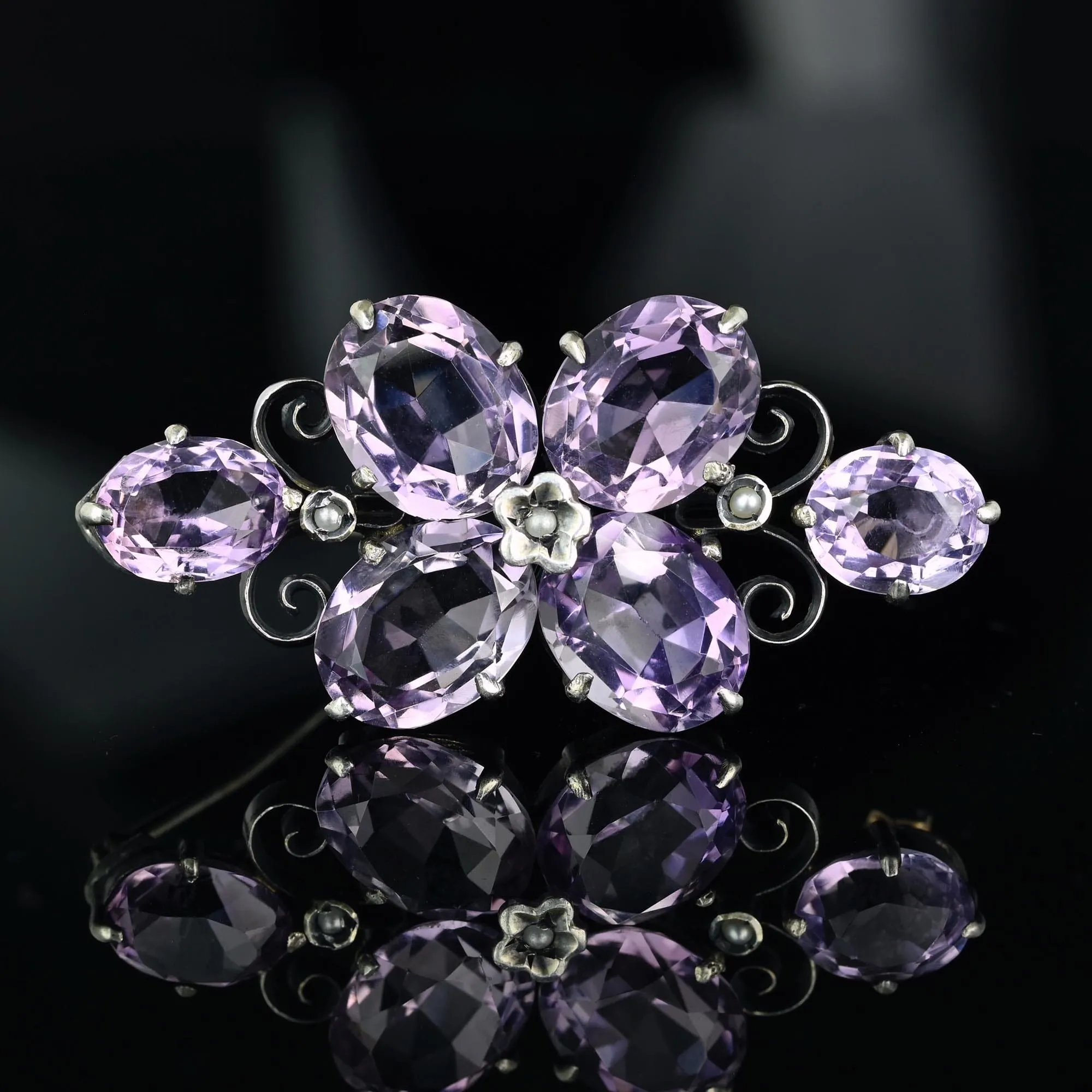 Antique Victorian Silver Seed Pearl 10CTW Amethyst Brooch
