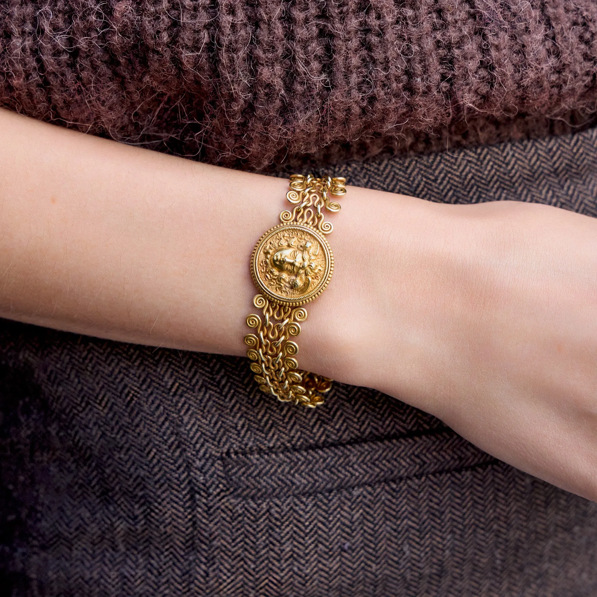 Archaeological Revival 22K Gold Winged Medusa Bracelet