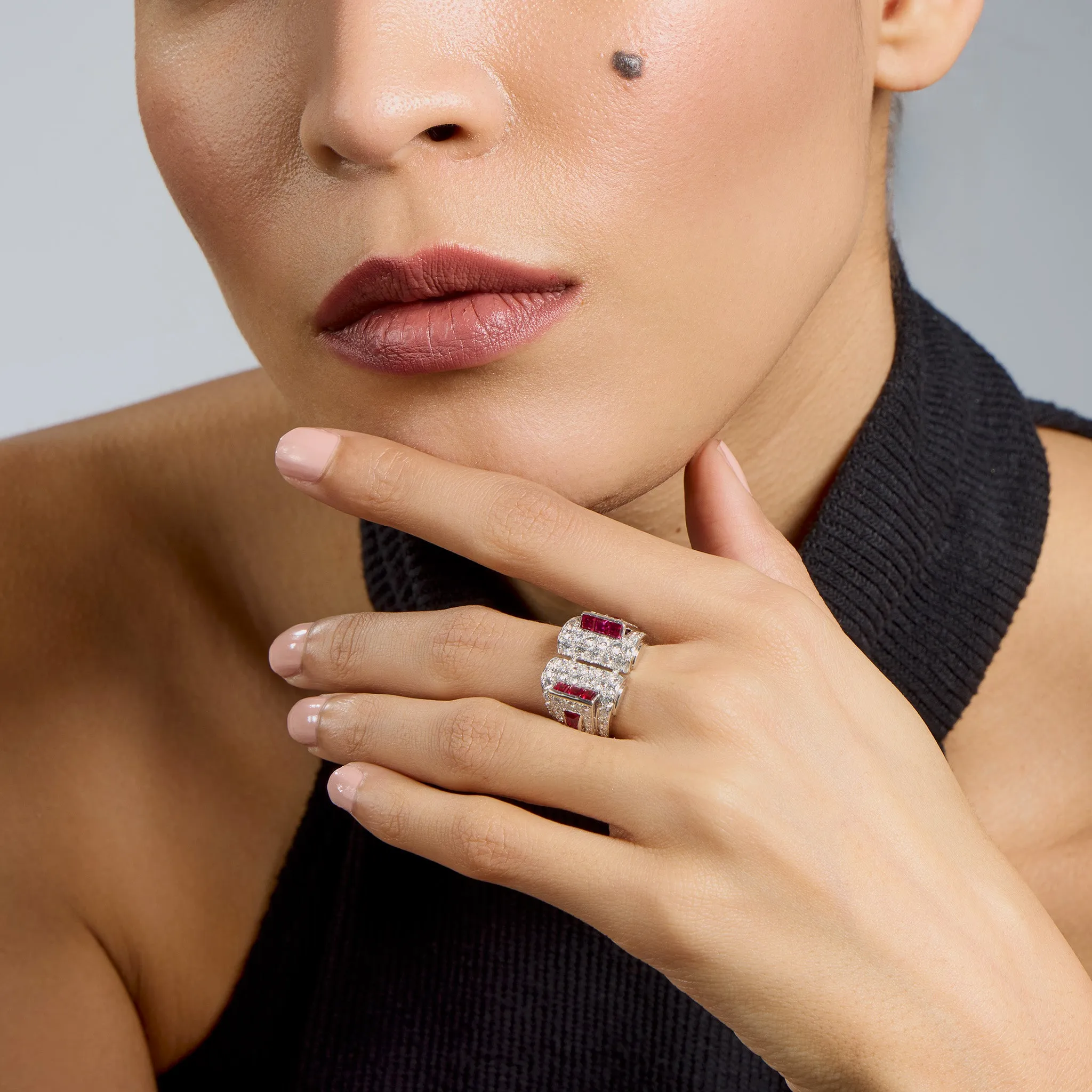 Art Moderne Platinum, Ruby and Diamond Ring