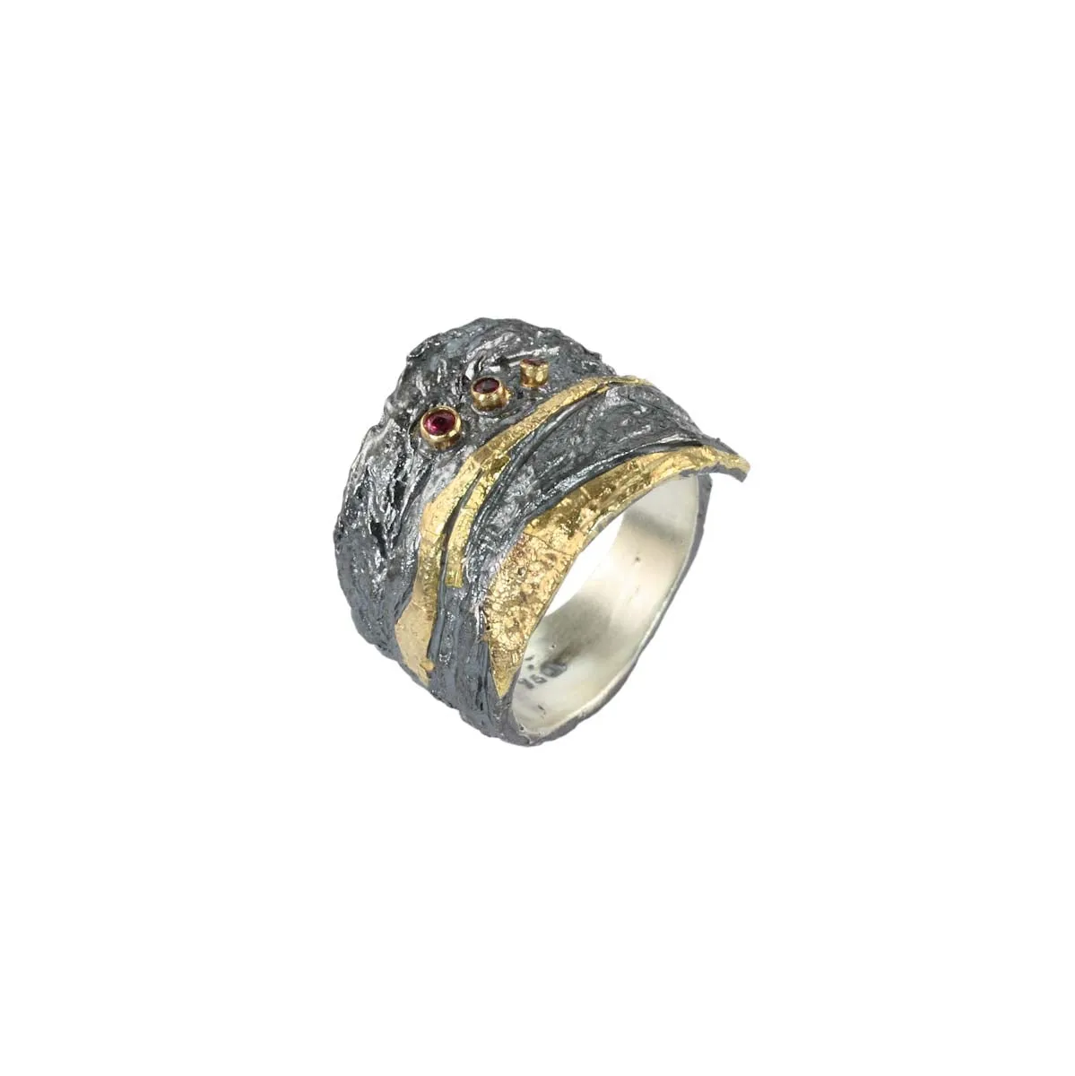 Asymmetric Wrap Ring with Three Rubies and 18k Gold Stripe Highlights