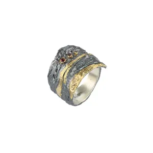 Asymmetric Wrap Ring with Three Rubies and 18k Gold Stripe Highlights