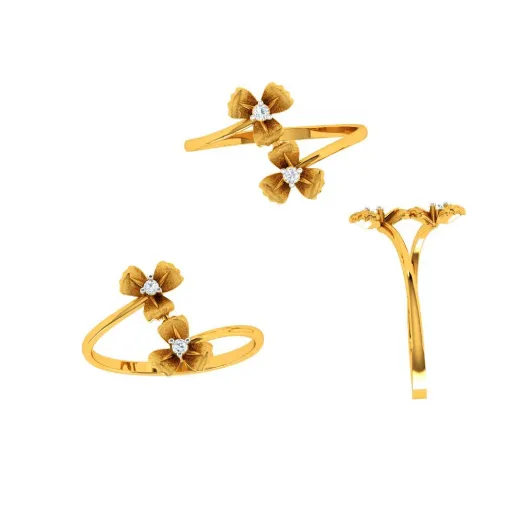 Bi-floral American Diamond Studded Unique Intricately Crafted 14KT Gold Ring
