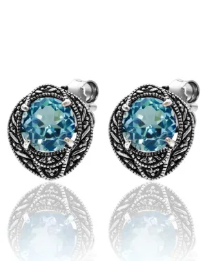 Blue Topaz studs with Oval Marcasite Halo