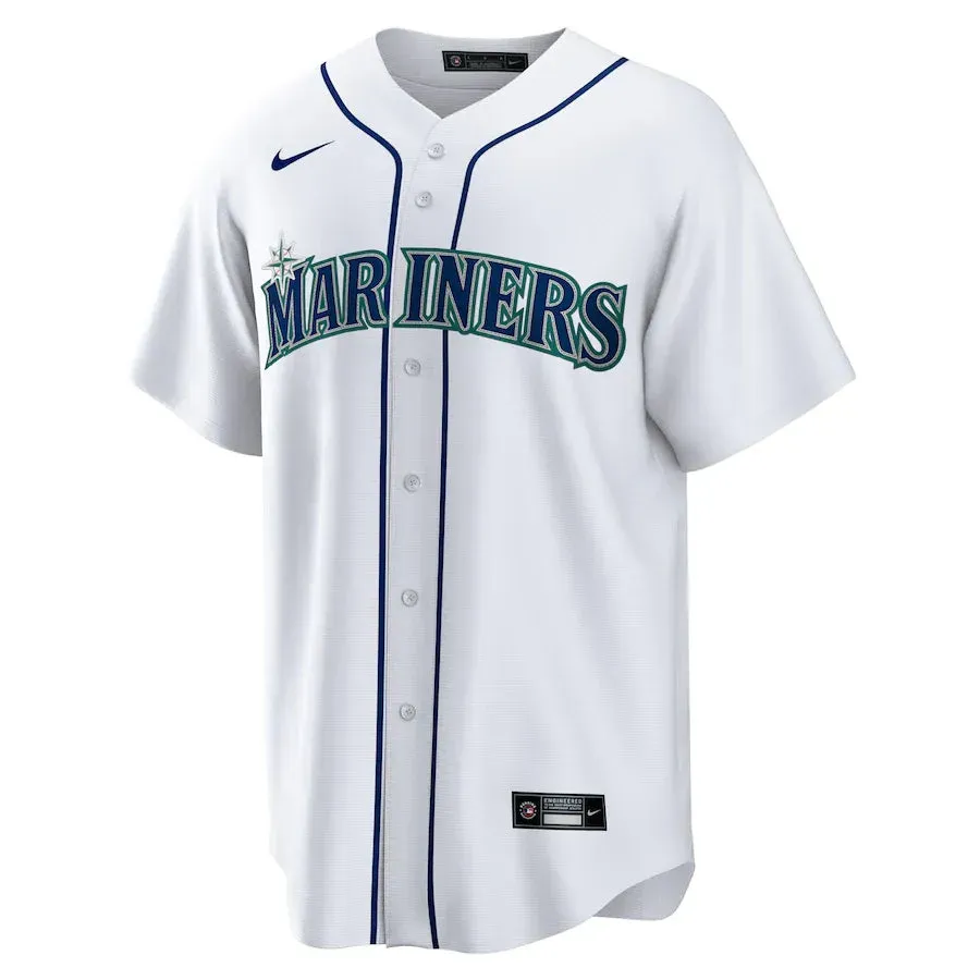 Camisa MLB Seattle Mariners Nike Home Torcedor Masculina Branca Julio Rodriguez 44 premier league badges
