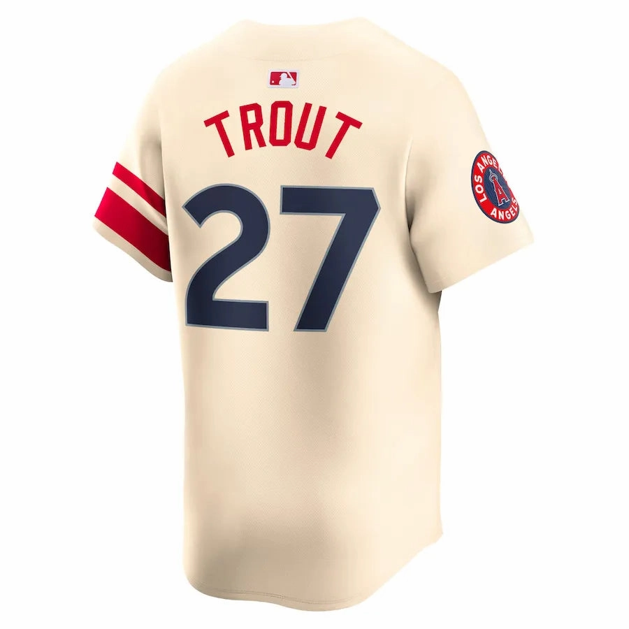 Camisa MLB Los Angeles Angels Nike Cream City Connect Torcedor Masculina Bege Mike Trout 27 national team fan gear