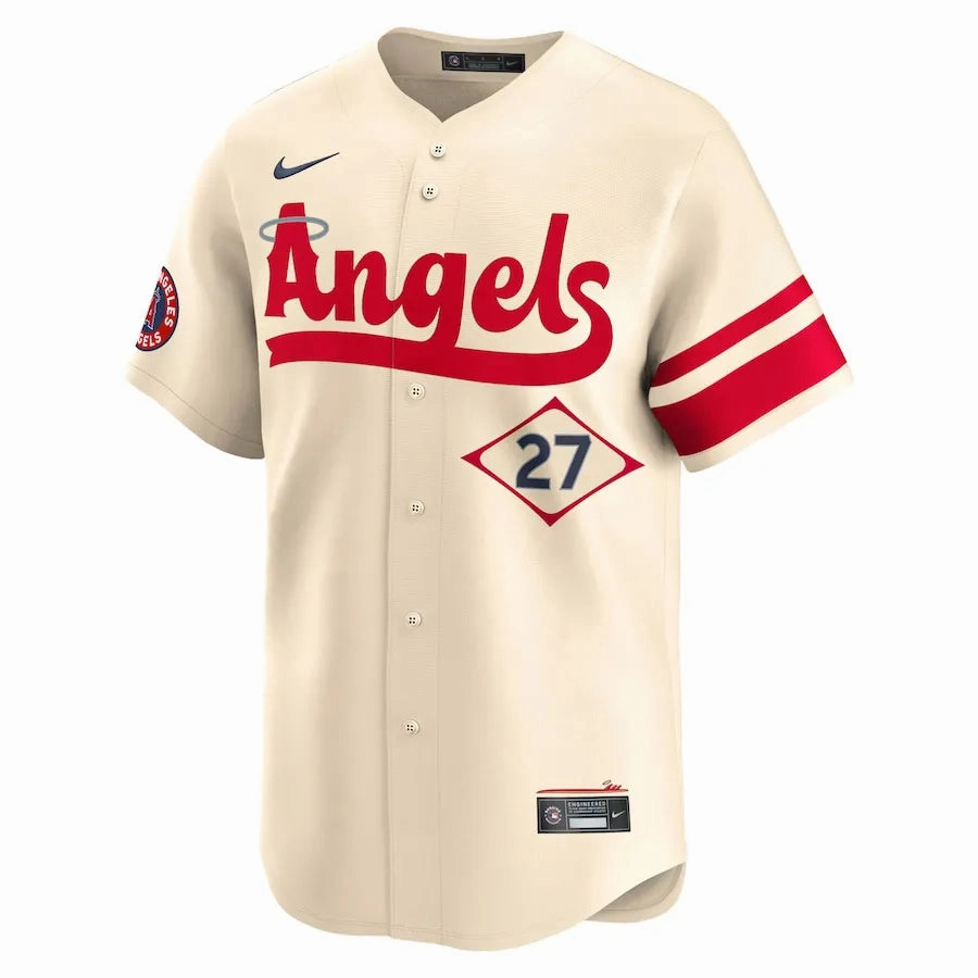 Camisa MLB Los Angeles Angels Nike Cream City Connect Torcedor Masculina Bege Mike Trout 27 national team fan gear