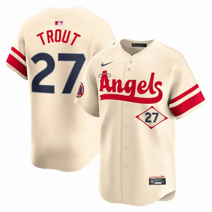 Camisa MLB Los Angeles Angels Nike Cream City Connect Torcedor Masculina Bege Mike Trout 27 national team fan gear soccer fan backpacks