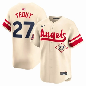Camisa MLB Los Angeles Angels Nike Cream City Connect Torcedor Masculina Bege Mike Trout 27 national team fan gear soccer fan backpacks