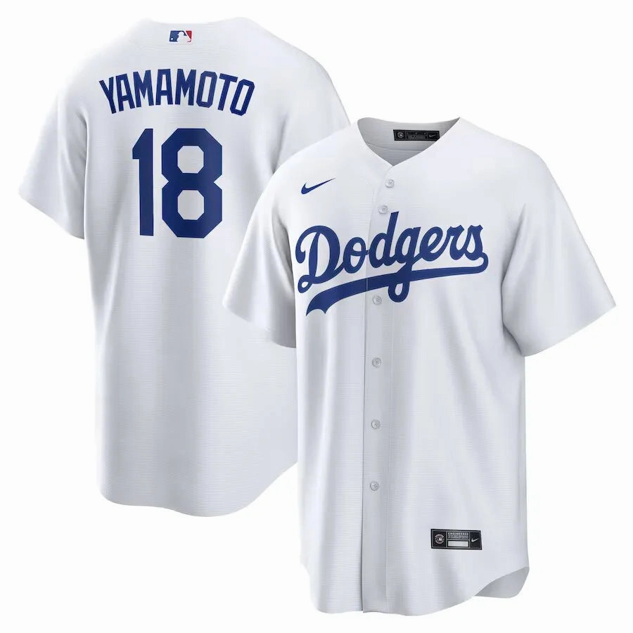 Camisa MLB Los Angeles Dodgers I Nike Torcedor Masculina Branca Yoshinobu Yamamoto 18 football stadium merchandise soccer supporter badges