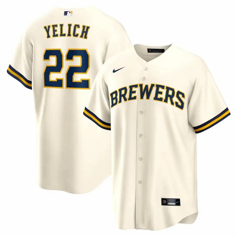 Camisa MLB Milwaukee Brewers Nike Home Torcedor Masculina Bege Christian Yelich 22 football fan scarves soccer supporter badges