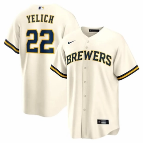 Camisa MLB Milwaukee Brewers Nike Home Torcedor Masculina Bege Christian Yelich 22 football fan towels soccer fan cushions