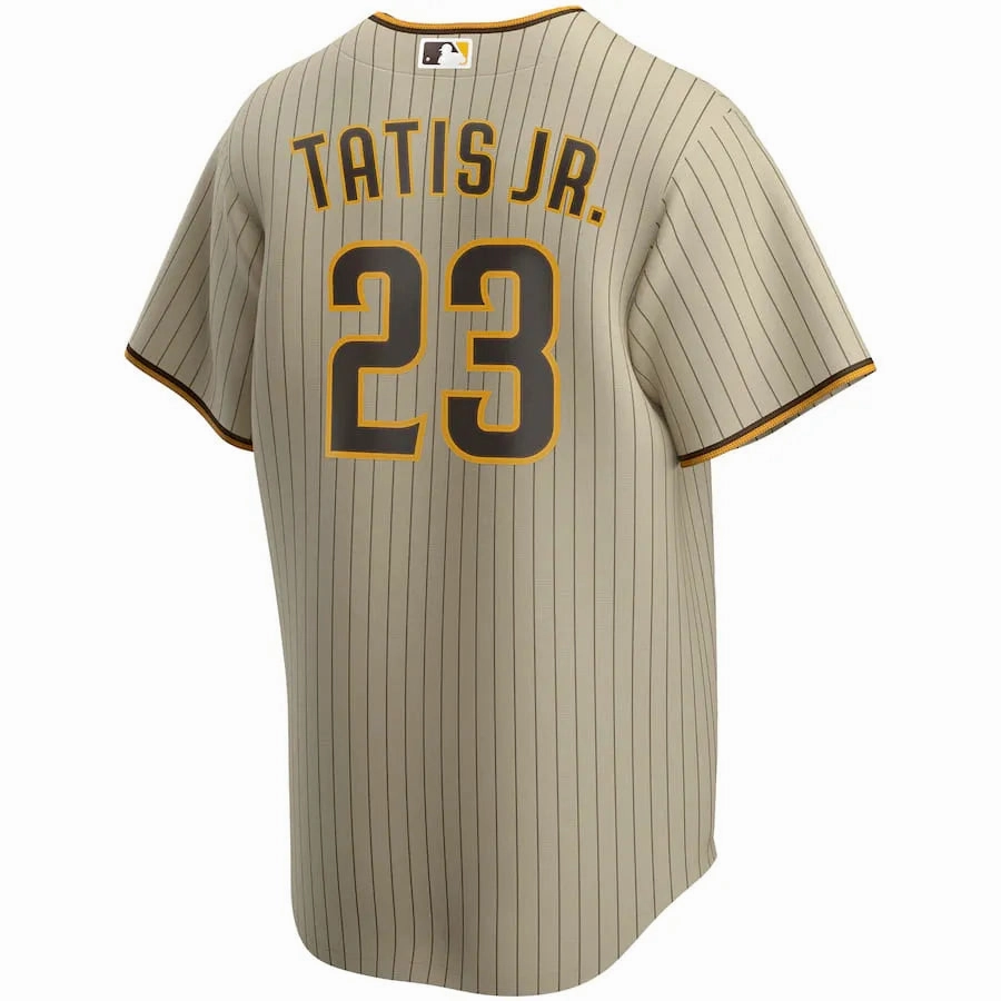 Camisa MLB San Diego Padres Nike Road Torcedor Masculina Listrada Listrada Marrom Tatis Jr. 23 soccer fan cushions
