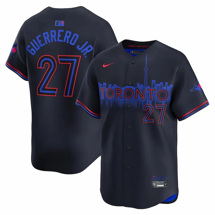 Camisa MLB Toronto Blue Jays Nike City Connect Torcedor Masculina Azul Marinho Vladimir Guerrero Jr. 27 football star memorabilia soccer fan backpacks