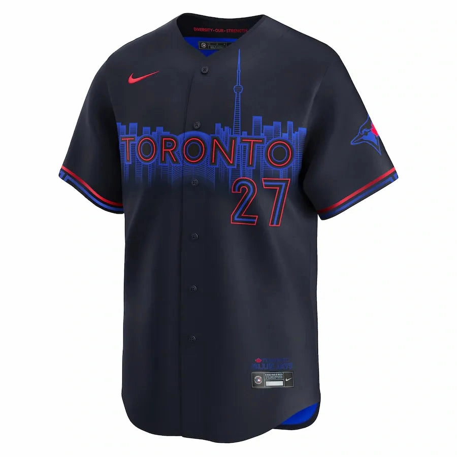 Camisa MLB Toronto Blue Jays Nike City Connect Torcedor Masculina Azul Marinho Vladimir Guerrero Jr. 27 football star memorabilia