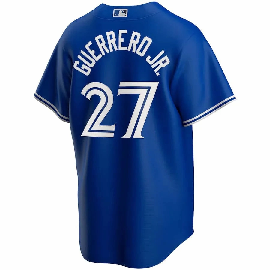 Camisa MLB Toronto Blue Jays Nike II Torcedor Masculina Azul Vladimir Guerrero Jr. 27 soccer fan posters
