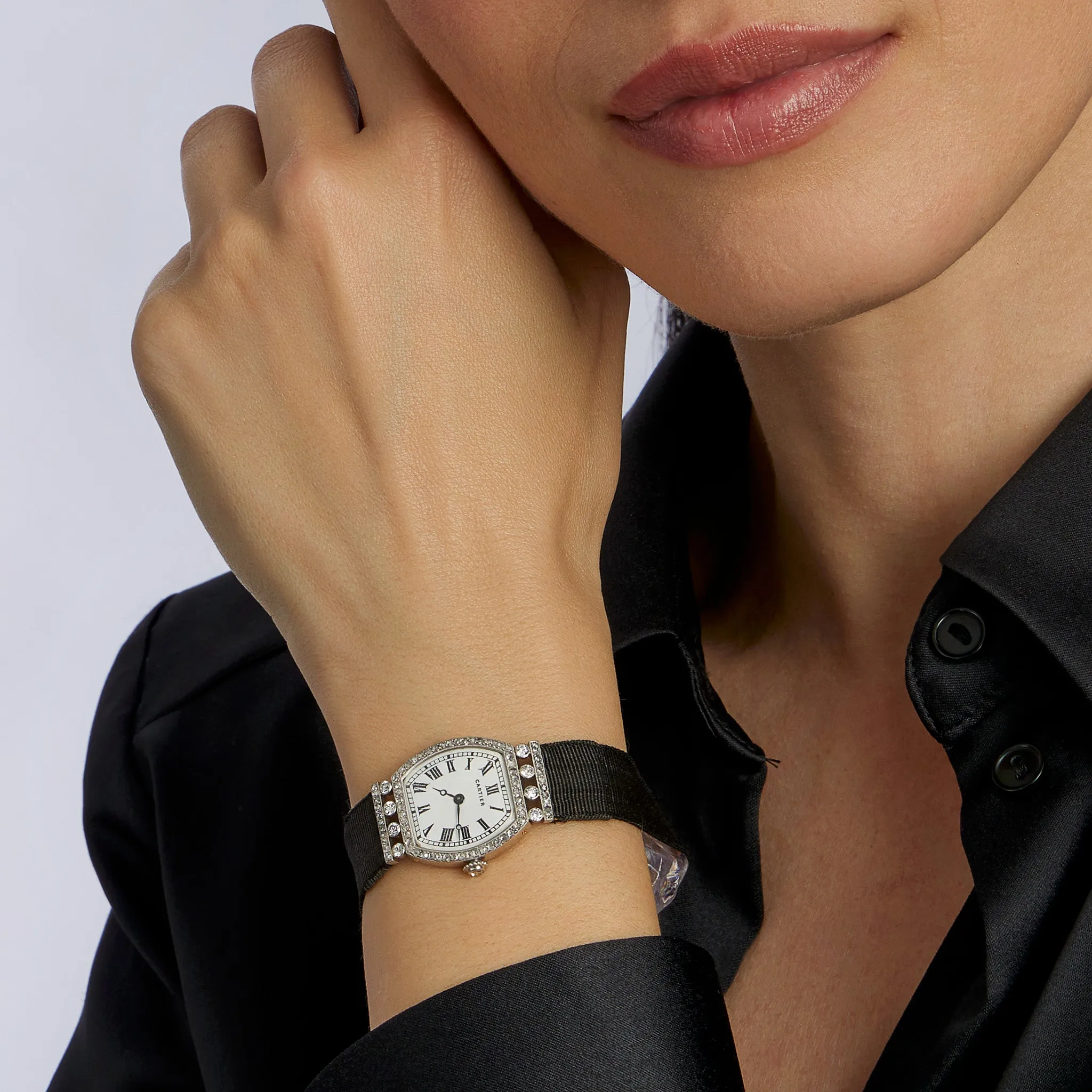 Cartier Paris Tortue Diamond and Grosgrain Wristwatch