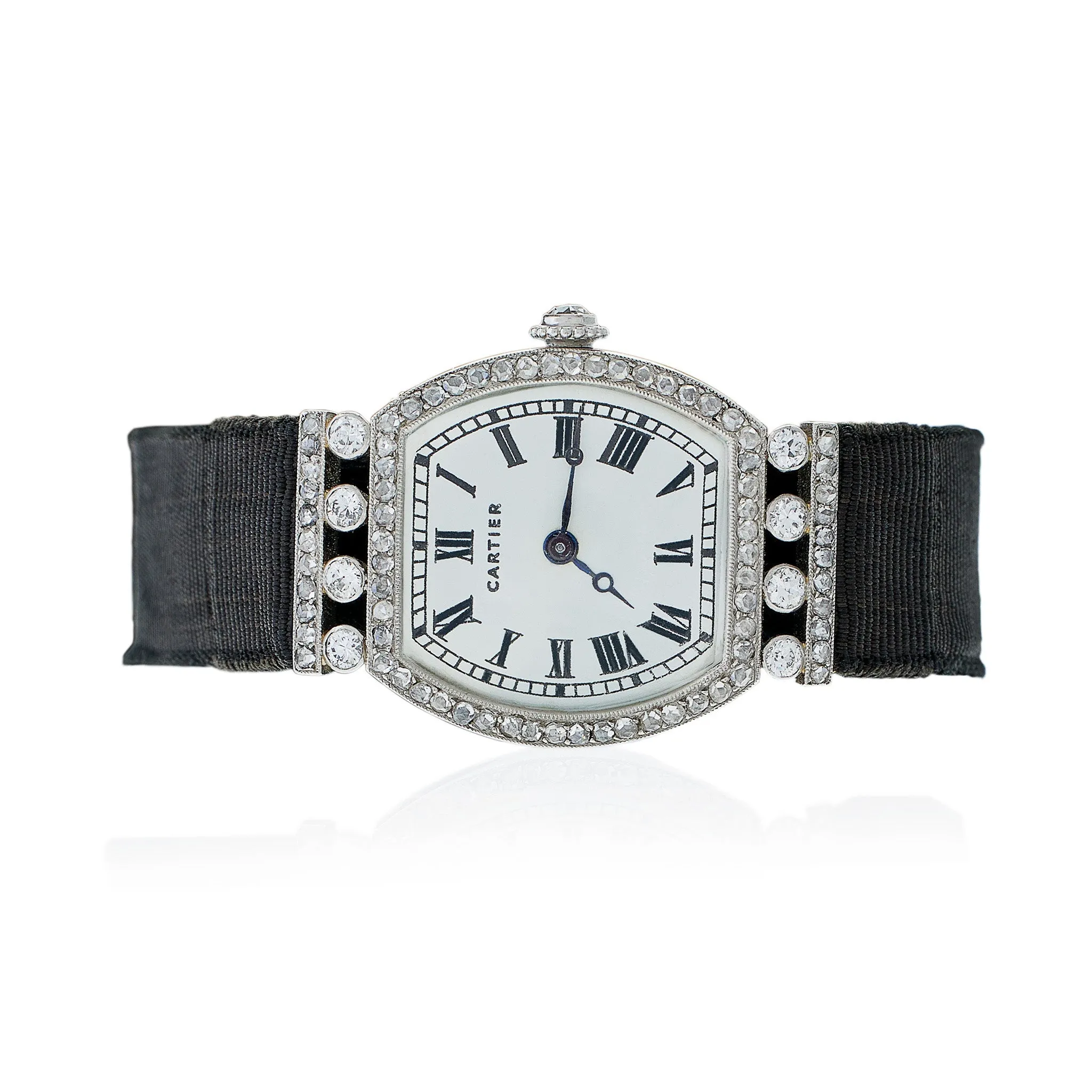 Cartier Paris Tortue Diamond and Grosgrain Wristwatch
