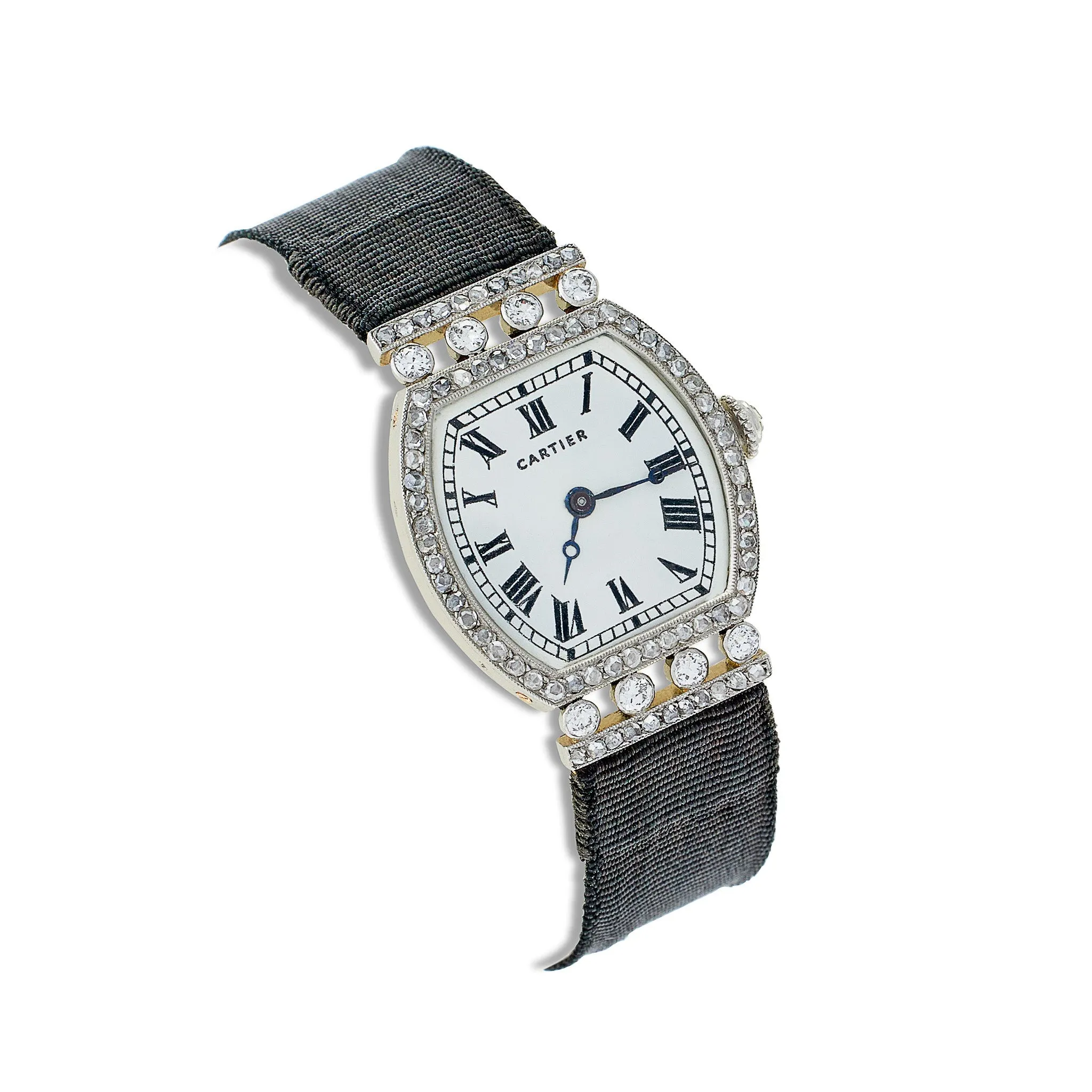 Cartier Paris Tortue Diamond and Grosgrain Wristwatch