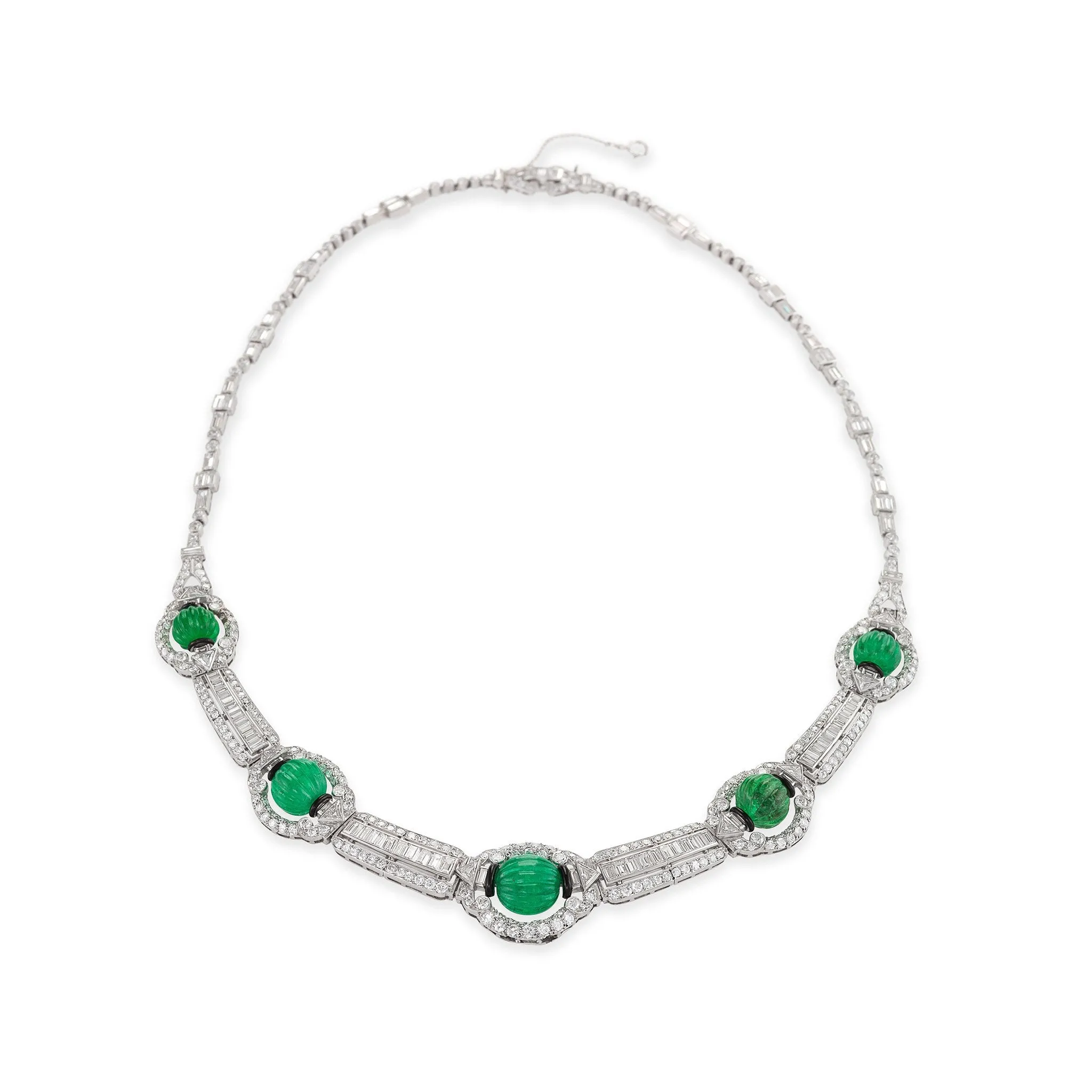 Carved Emerald Bead and Diamond Collar Necklace