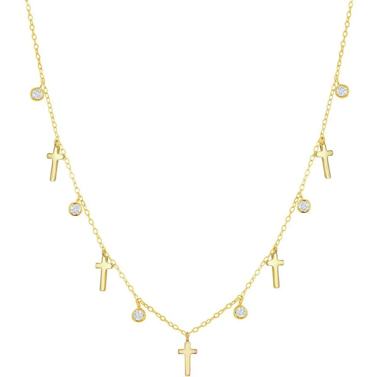 Classic Women's Necklace - Alternating GP Cross and Bezel-Set CZ | M-6802-GP
