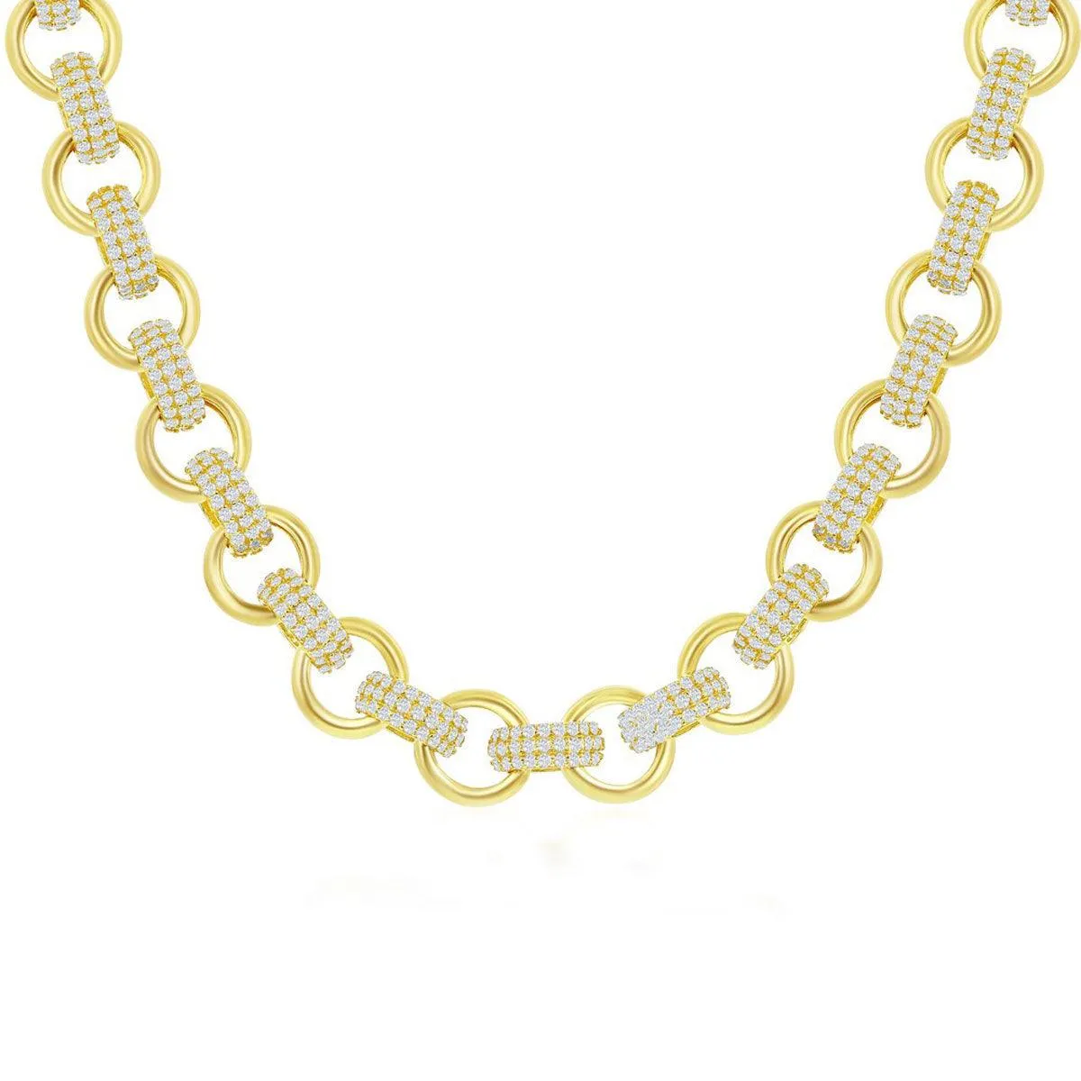 Classic Women's Necklace - Gold Plated Sterling Silver Micro Pave CZ Linked |M-6827-GP