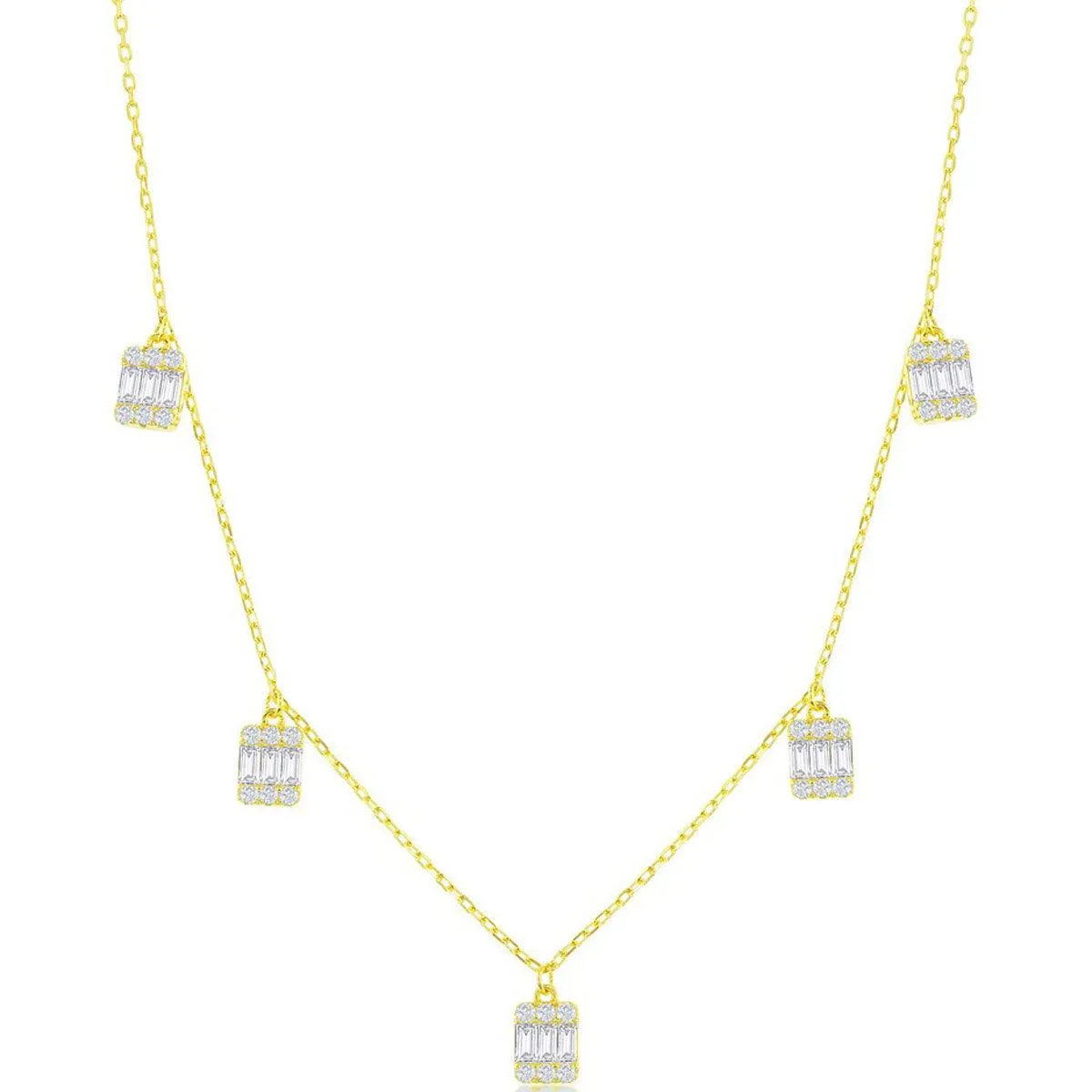 Classic Women's Necklace - GP Sterling Silver Baguette CZ Rectangle Charms | M-6926